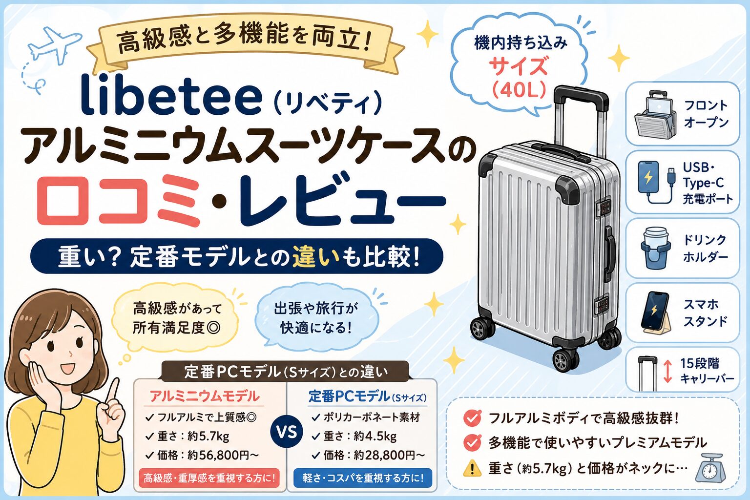 リベティ アルミニウムスーツケースの口コミ・レビュー|重い?定番